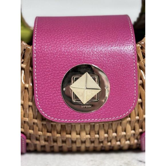 Kate Spade Pink Leather Wicker Straw Handbag Purse - Picture 7 of 14